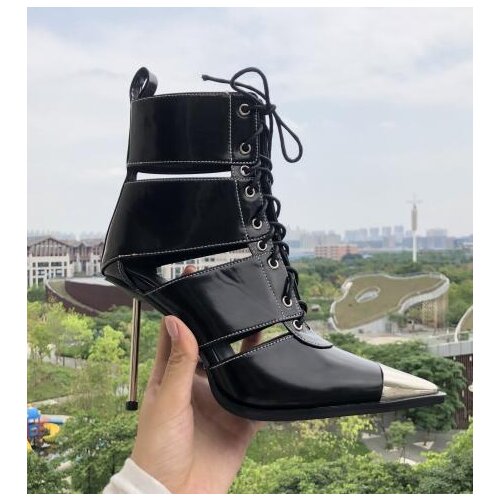 Real photo woman black leather pointed toe hollow strap lace up high top boots