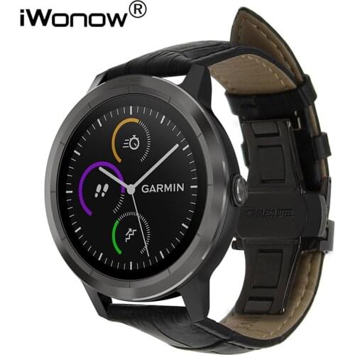 Genuine Leather Watchband +Tool for Garmin Vivoactive3 Vivomove Watch Band Steel Butterfly Clasp Strap Wrist Belt Bracelet Black