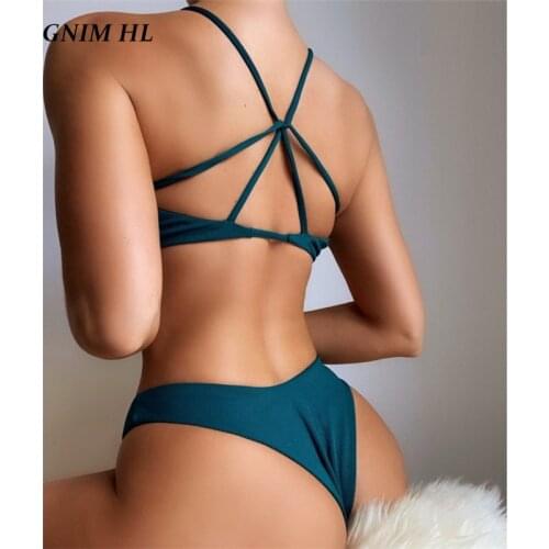 GNIM Sexy Bandage Halter Bikini Swimwear Women 2021 Summer High Cut Bandeau Swimsuit Female 2 Pieces Set Solid Swim Bathing Suit
