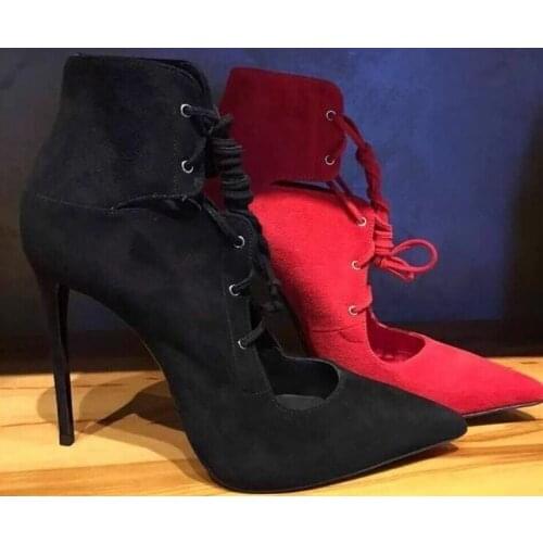 Fashion Purple Suede Leather Women Lace Up Pumps Sexy Point Toe Ladies Elegant High Heels Ankle Bandage Dress Shoes Party Shoes