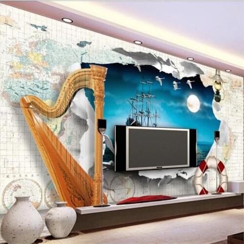 Wellyu Customized large wall painter with European map 3d swan harp sailing seagull TV background wall wallpaper
