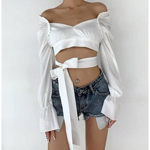 FUFUCAILLM Women Sexy Blouse Top V Neck Open Back Tie Straps Flared Sleeve Tops Square Coallar Lace-up Elegant Shirts For Women