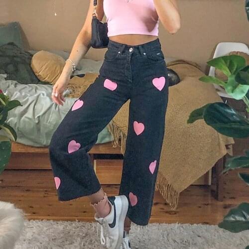 YICIYA Preppy Style Women Straight Jeans Trousers Pink Heart Print Cute Denim Pants Autumn 2021 High Waisted Y2K Streetwear