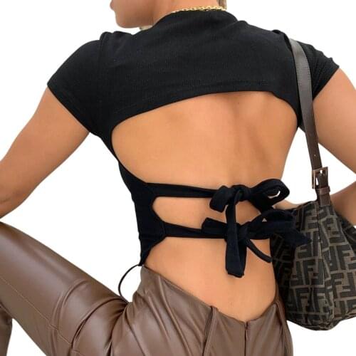 Womens Rib Knit T-Shirts Sexy Short Sleeve Solid Color Lace-Up Backless Basic Slim Fit Crop Tops