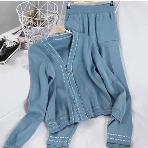 Women Casual Tracksuit Knitted Coat And Long Pants Suit 2021 Autumn New V-collar Zipper Up Cardigans +Trousers 2pcs Set Female