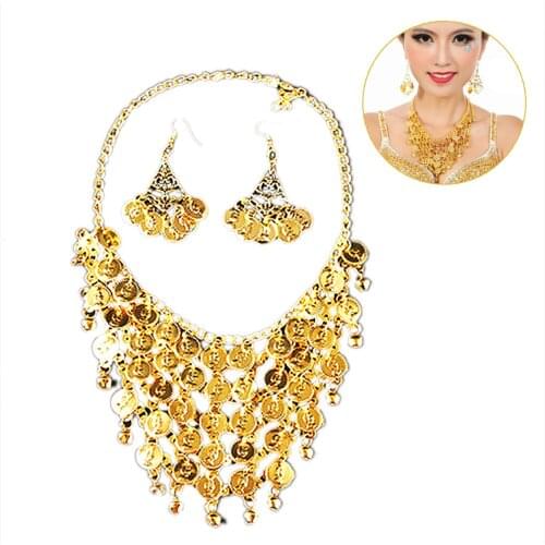 Women Statement Necklace Fashion Bib Necklace with Dangle Earrings set for Dancing Pendant Necklaces Gold Color Earrings