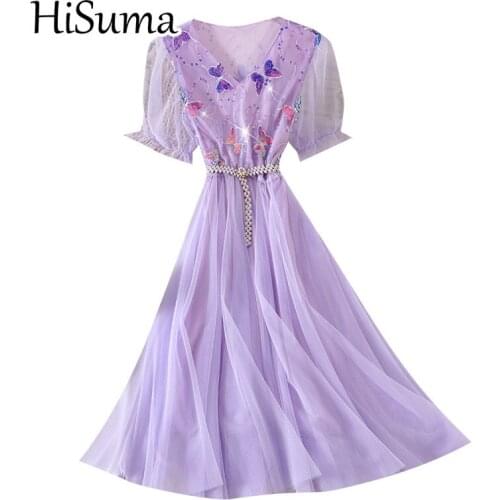 2020 Women Summer V-Neck Puff Sleeve Mesh Gauze Ruffle Pleated Dress Lady Pearl Bead Belt Bling Sequin Pullover Party Midi Dress