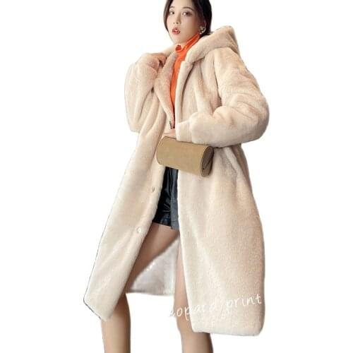 Winter Women Faux Rabbit Fur Coat Lengthen knee Faux Fur Jacket Loose Hooded OverCoat Thick Warm Plus Size Female Plush Coats