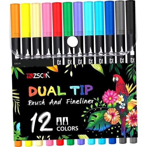 12 Colors/Set Dual Tip Brush Pens Art Markers 0.4mm Fine liners & Brush Tip Pen