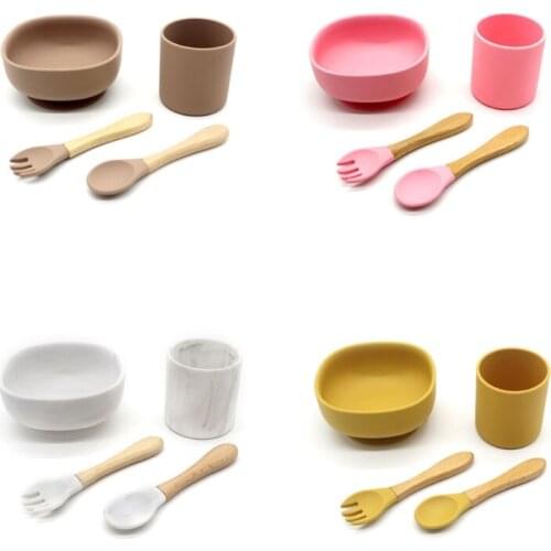 4 Pcs Baby Silicone Suction Bowl Spoon Fork Cup Learning Training Feeding Set Utensil Dishes Tableware for Newborn