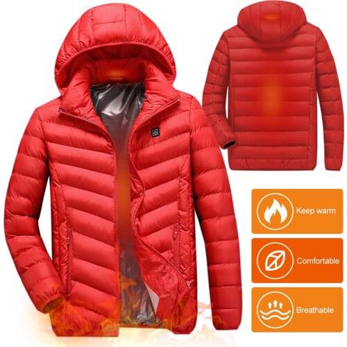 4XL Electric Heating Cotton Coat Men Women USB Charging Heated Jacket w/ Removable Hood for Camping Fishing Snowboarding Skiing
