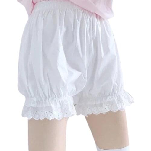 649D Women Girls Vintage Lolita Bloomers Loose Pumpkin Pants Solid Color Ruffled Lace Hem Sweet Bowknot Gothic Elastic Waist