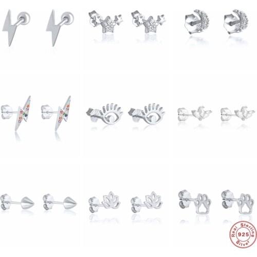 GS 925 Sterling Silver Rainbow Zircon Lightning Shape Stud Earrings For Women Moon Eye Leaf Shape Ear Stud Party Jewelry Gift