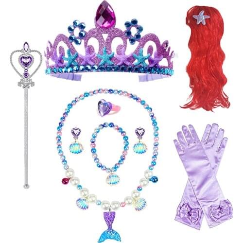 Princess Accessories Mermai Birthday Party Dress Up Sets Magic Wand Crown Necklace Gloves Bracelet Kids Girl Sea Theme Jewelry