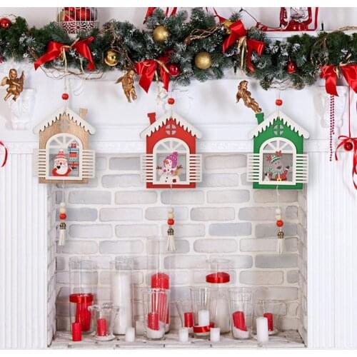 White&Red Christmas Printed Wooden Pendant Ornaments DIY Christmas Hanging Pendant Xmas Tree Ornaments Decor Kids Gift