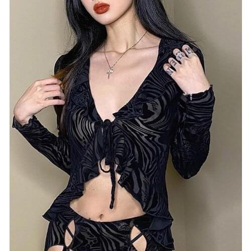 Rosetic 2021 Summer Fashion Bandage Sexy Blouse Women V-neck Mesh See Through Blouses Long Sleeve Navel High Street Casual Black