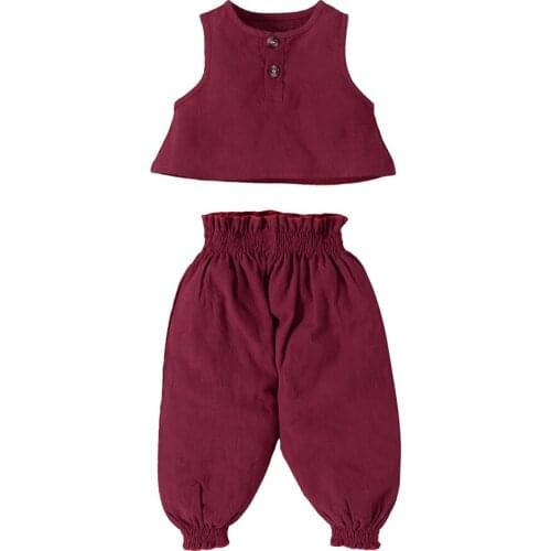 Baby Round Neck Sleeveless Button Tops And Pants Two-Piece Suit For Birthday Party Clothing Set Wine Red/Light Blue/Royal Blue