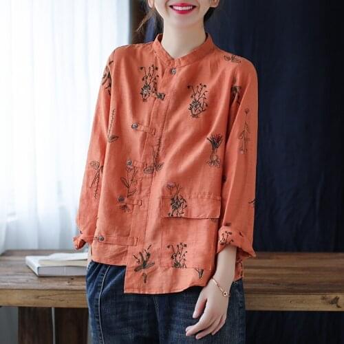 Cotton Linen Blouse Women 2020 Autumn New Vintage Casual Asymmetric Shirt Button Loose Chinese Style Clothing Women Top 11759