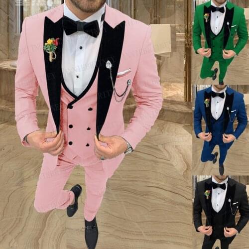2021 Latest Pink Wedding Groom Suit Dress Tuxedo Tailored Mens Dinner Blazer Fashion Jacket Double Breasted Vest Pants 3 Pieces