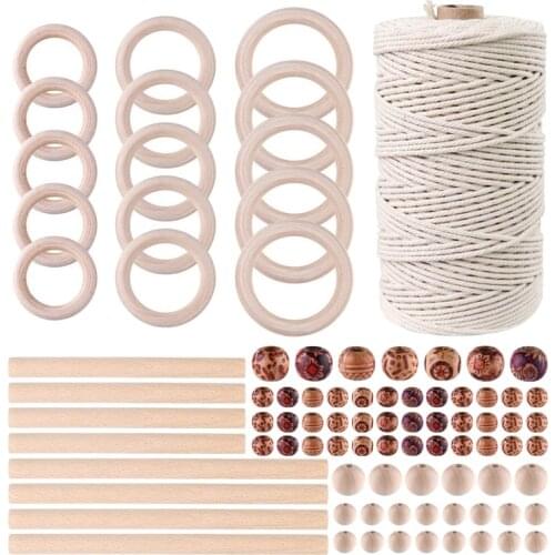 New 3mm Natural Macrame Cord with 140Pcs Wood Beads 8Pcs Wooden Stick and 20Pcs Wood Ring for Crafts DIY Plant Hangers