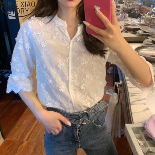 2021 Summer New White Cotton Blouse Fashion Appliques Blouse Embroidered Shirts Women Floral Half Sleeve Tops Blusas Shirt 9638