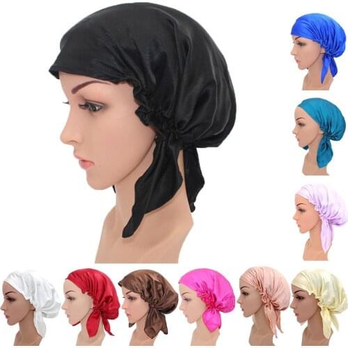 Solid Color Women Sleeping Hat Adjustable Night Cap Satin Silk Wrap Hair Care