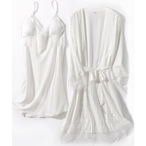 Sexy V-neck White Robe Nightdress Set Women Summer Satin Lace Nightgown Sleepwear Suit Bathrobe