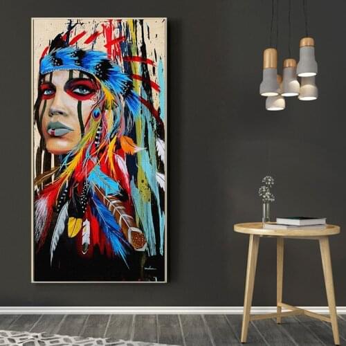 Pop Art Indian Girl Canvas Paintings Watercolor Indian Woman with Feather Posters and Prints Wall Art Picture Home Decoration