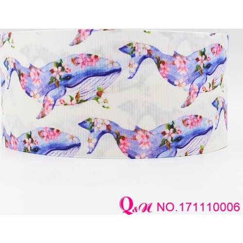 Q&N ribbon 16mm 22mm 25mm 38mm 50mm 75mm cartoon fish print grosgrain ribbon webbing 50yards/roll for hair tie