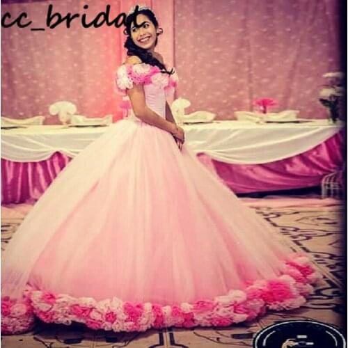 Pink Ball Gown Quinceanera Dresses Long 2020 Pretty Handmade Flowers Sweet 16 Dress Off Shoulder vestidos de festa de 15 anos