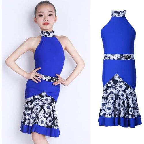 Floral Girl Sets Summer Dress Latin Practice Wear Designer Clothes Stage Costume Blue Salsa Dancer Outfit Tap Dance Wear JL3004