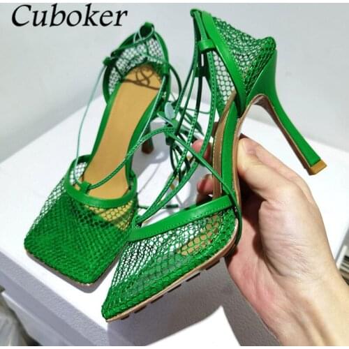 Sexy Women Sandals High Heel Net Mesh Square Toe Ankle Strap Summer Brand Runway Lace Up Party Dress Shoes For Women Sandalias