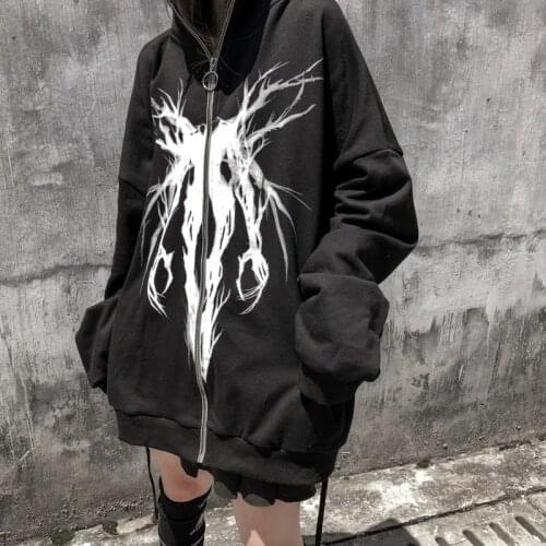 Vintage anime printed Oversized hoodie zipper Long Sleeve punk y2k hoodies harajuku black Female sweatshirt streetwear winter