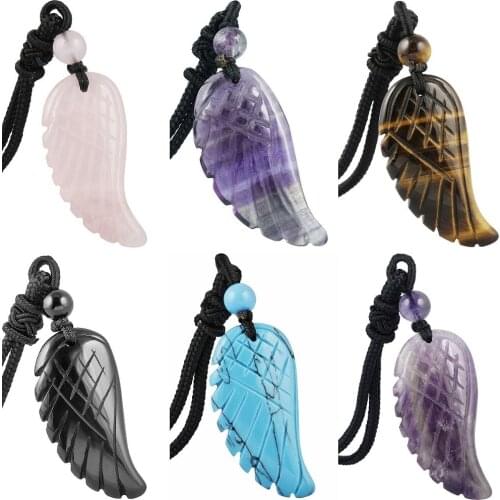 TUMBEELLUWA Hand Carved Gem stone Crystal Healing Reiki Chakra Charm Angel Wing Pendant Necklace