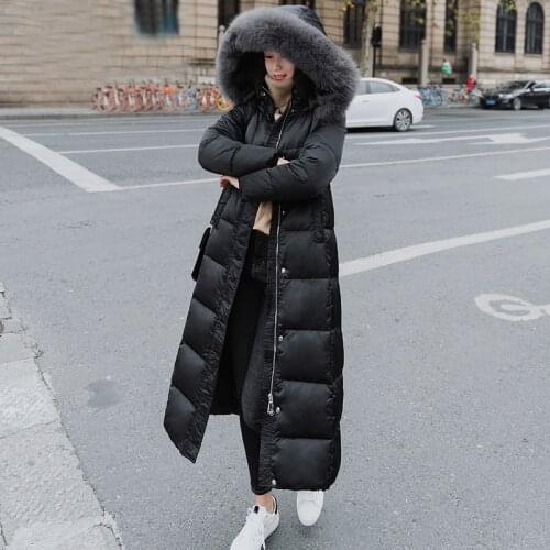 Winter Warm White Duck Down Parka Women Real Natural Fox Fur Collar Hooded Long Thick Slim Jacket Coat Down Outwear