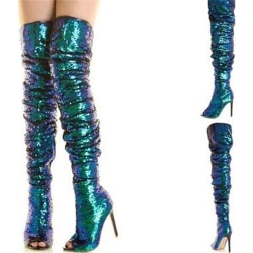 Women Charming Bling Bling Peep Toe Sequined Thin Heel Over Knee Boots Blue Red Gold Long High Heel Boots Sexy Club Shoes