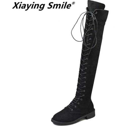 Xiaying Smile Women Over-the-knee Boots Winter Fahion Cross-tied Solid Boots Ladies Popular Eurpean Style Zip Rubber Shoes