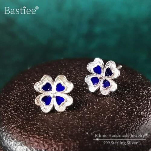 Four Leaf Clover Flower 999 Sterling Silver Stud Earrings For Women Blue Earring Cloisonne Enamel Luxury Jewelry Small Studs