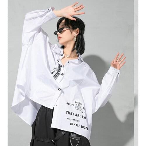 Johnature 2021 New Fashion Womens Tops And Blouses Spring High Street Letter Print Irregular Loose Darkly Female Shirts