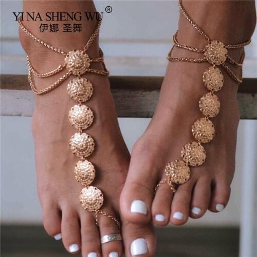 Boho Belly Dance Foot Sexy Ladies Metal Disk Anklet Girls Jewelry Anklet Beaded Chain Barefoot Sandals Bridal Wedding Jewelry