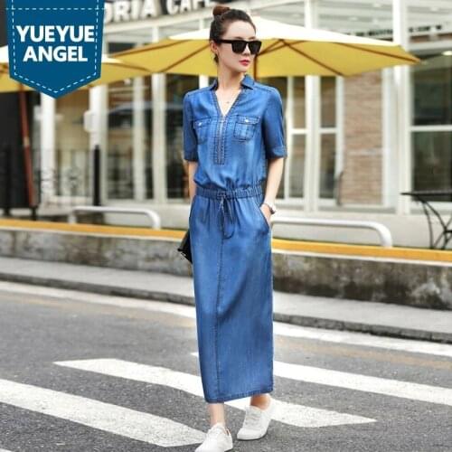 Long Denim Dress Women Office Lady Summer Elastic Waist Zipper Fly Dress Female Streetwear Half Sleeve Casual Jeans Robe Femme