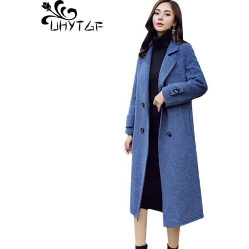 UHYTGF Women winter coats Double-breasted loose autumn wool coat elegant women plus size long Woolen outerwear manteau femme 253