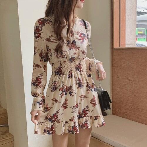 Mozuleva 2020 Spring V-neck Floral Print Women Dress Elastic Waist Chiffon Short Dress Female Ruffles Mini A-line Vestidos Femme