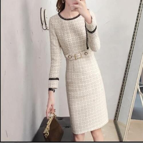 2019 New Tweed Dress Women Spring Autumn Vintage Wool Plaid Dresses Female Elegant Woolen Dress Ladies Office Vestidos