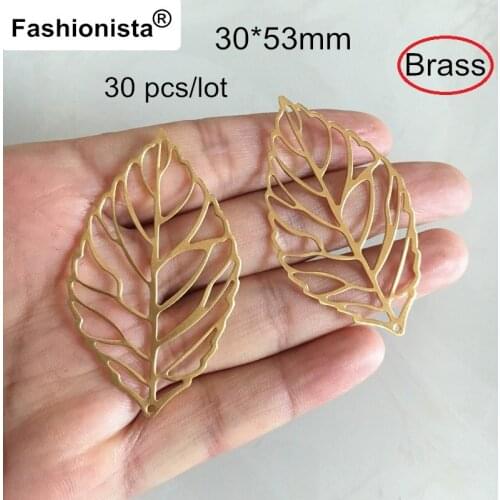 30 Pcs Raw Brass Leaf Charms 30*53mm Delicate Brass Hollow Out Leaf Jewelry Findings - Free Shipping