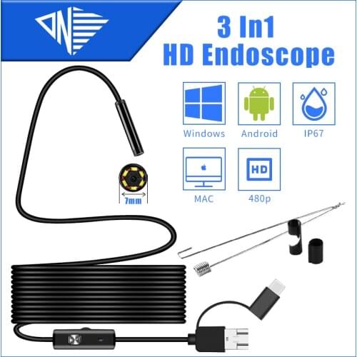 7mm 3 in 1 HD Video Camera Endoscope TYPE-C Mobile Computer Industrial Tube Inspection Waterproof IP67 1-10m