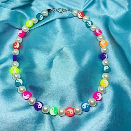 90s Aesthetic Rainbow Tai Chi Yin Yang Necklace for Women Beads Harajuku Punk Ethnic Vintage Necklace Charms Y2K Jewelry 2021