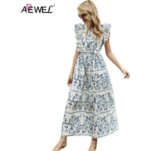 ADEWEL Women Boho Dress For Summer 2021New Beach Plus Size XL Blue O-Neck Robe Elegant Long Dress Ruffle Sleeve Vestido de Mujer