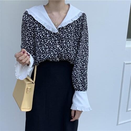 Vintage Women Print Blouse Chic Floral Patchwork Tops Office Ladies Long Sleeve Blouses Fashion Ruffles Button Elegant Shirts