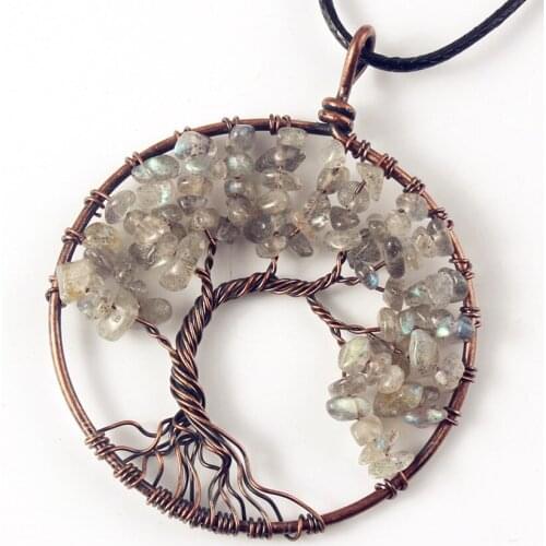 100-Unique 1 Pcs Trendy Copper Plated Wire Wrapped Labradorite Stone Pendant Necklace Rope Chain Jewelry